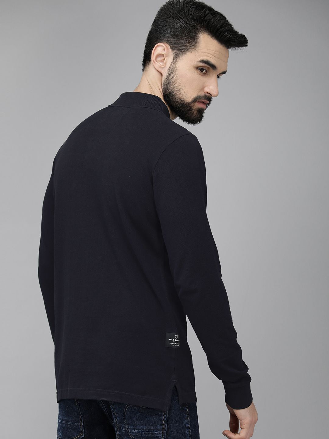 THE BEAR HOUSE Men Navy Blue Pure Cotton Solid Polo Collar Slim Fit T-shirt