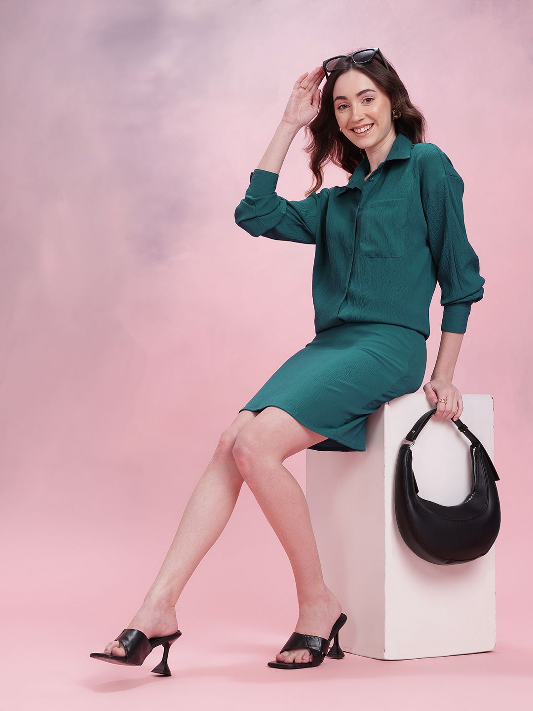 DressBerry Relaxed Fit Crinkled Shirt with Skirt Co-Ord Set