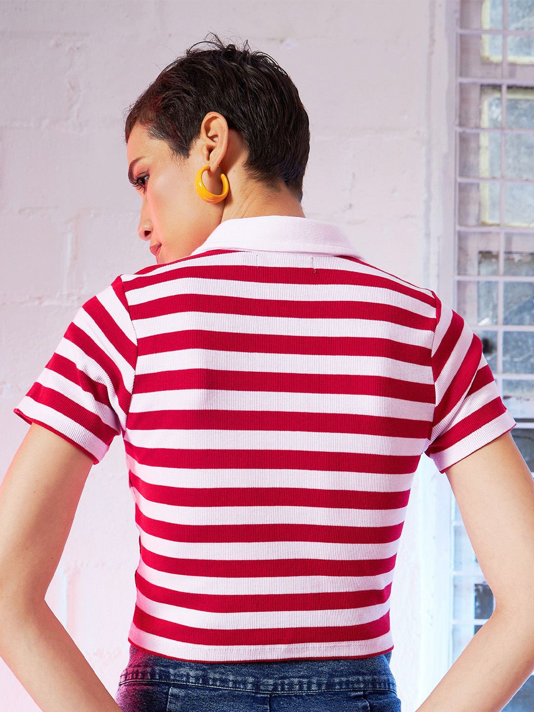 SASSAFRAS Red & White Striped Polo Collar Slim Fit T-shirt