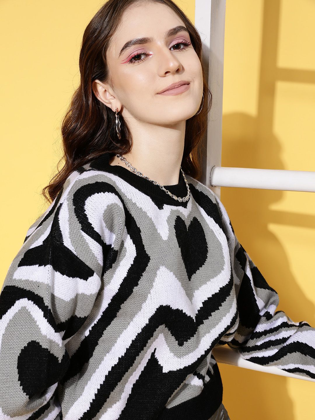 Berrylush Women Grey Abstract Knits Bits Sweater