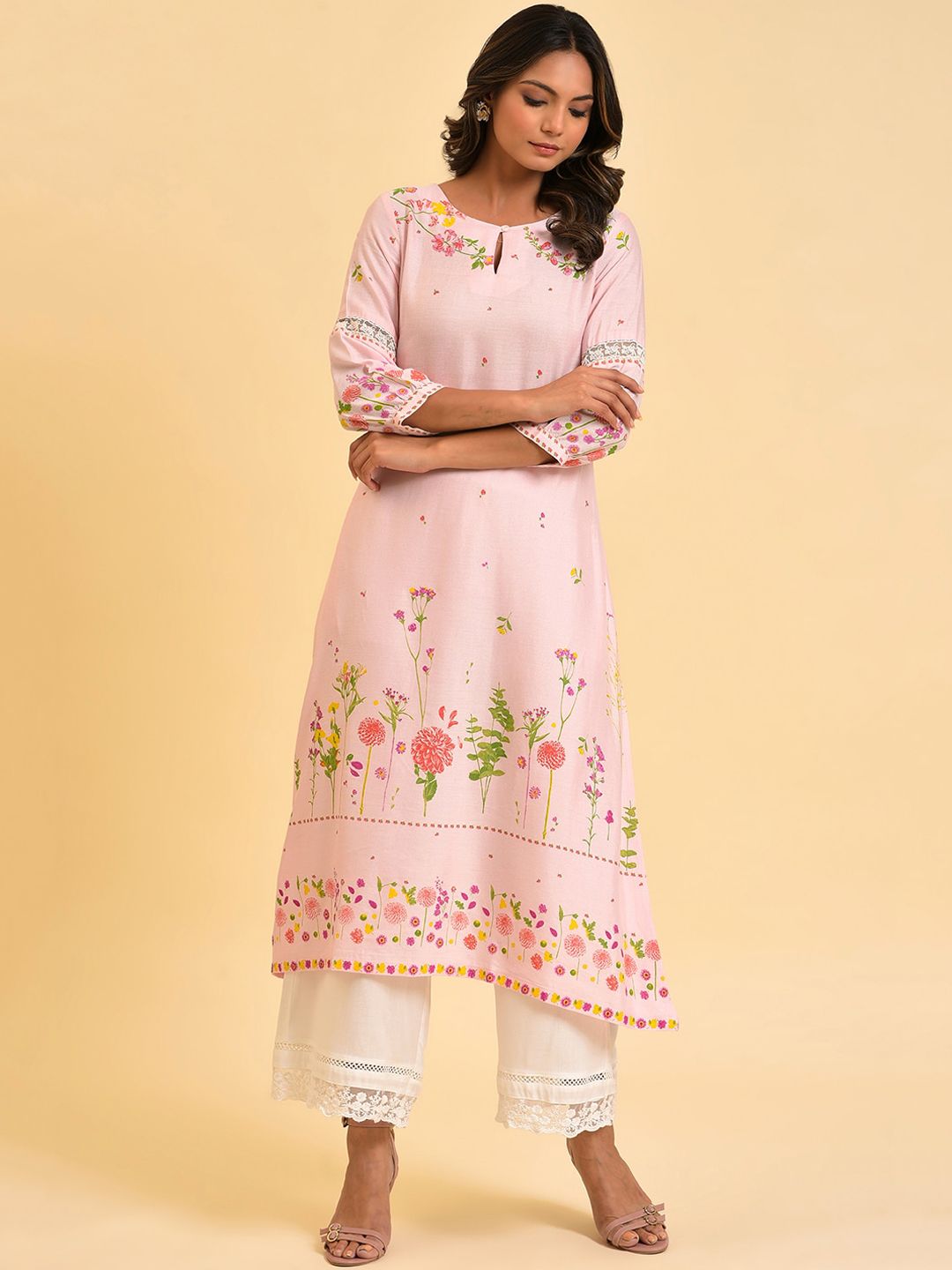W Pink & Yellow Floral Printed Keyhole Neck Kurta