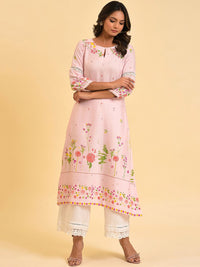 W Pink & Yellow Floral Printed Keyhole Neck Kurta