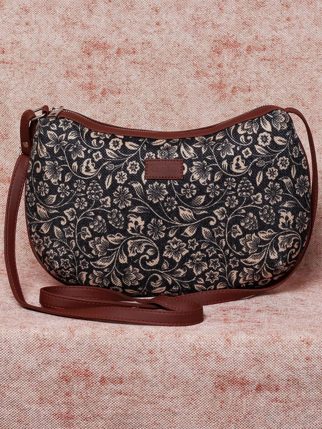 ZOUK Black Floral Printed Half Moon Sling Bag