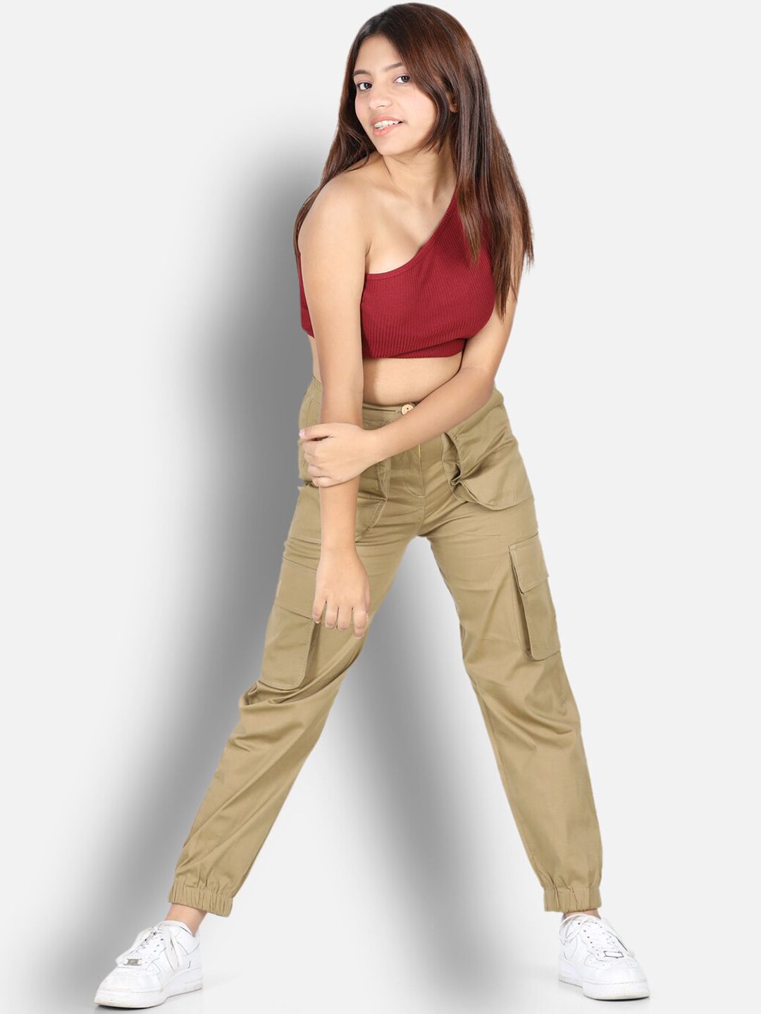 Cutiekins Girls Beige High-Rise Cargos Trouser