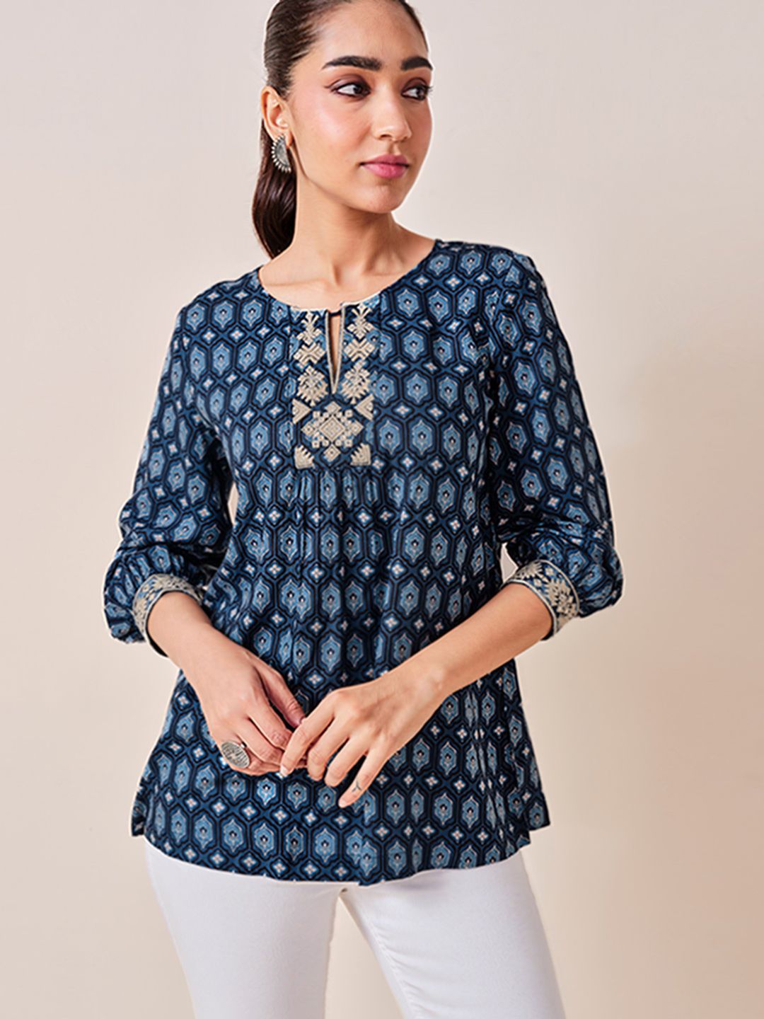 Global Desi viscose keyhole neck cuffed sleeves geometric printed A-Line Top