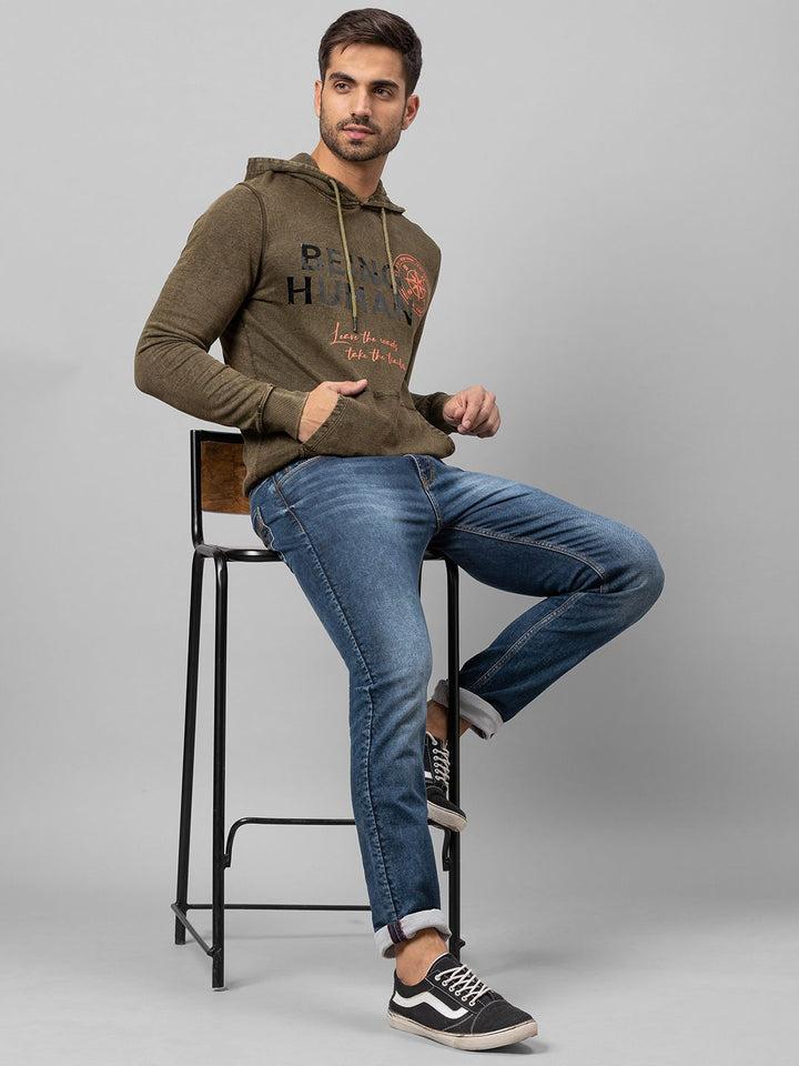 Being Human Men Olive Green Printed Hooded Cotton Sweatshirt