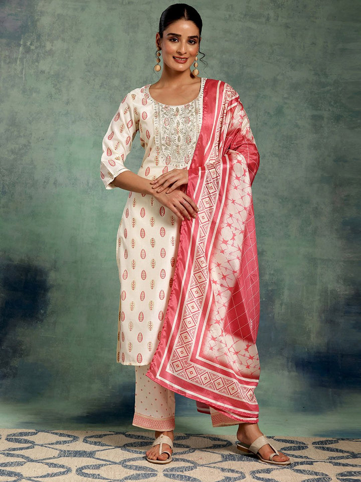 Libas White Floral Printed Thread Work Straight Kurta With Palazzos & Dupatta