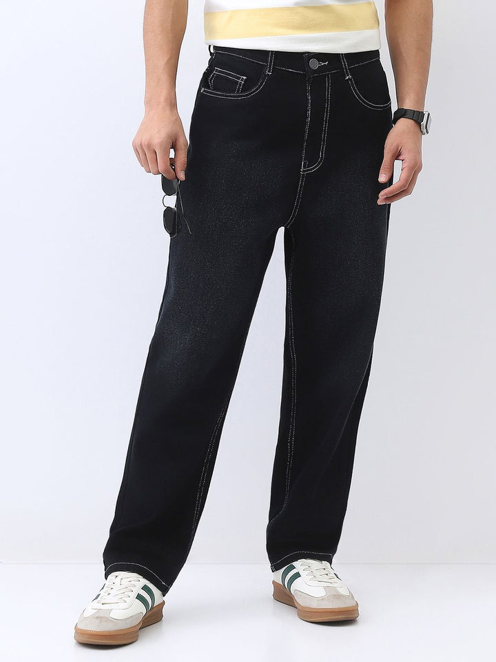 Urbano Fashion Men's Black Loose Baggy Fit Washed Jeans