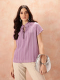 all about you Tie-Up Neck Ruffled Self - Striped Top
