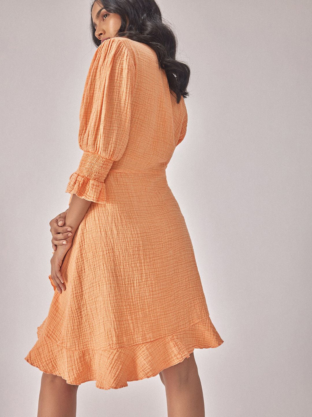 The Label Life Puff Sleeves Ruffled Detailed Cotton Warp Dress