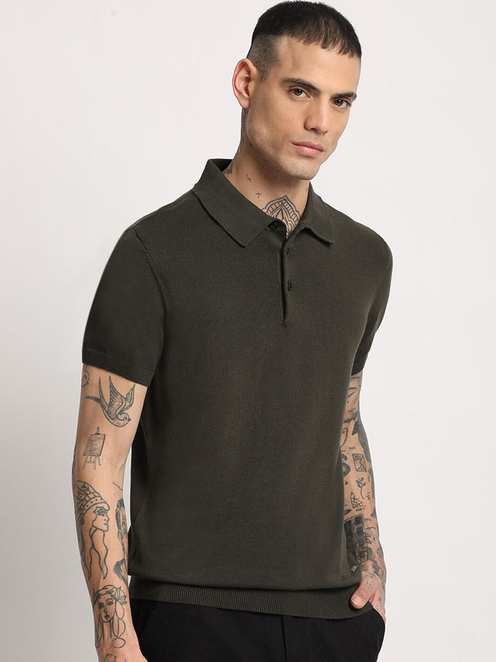 THE BEAR HOUSE Men Solid Regular Fit Cotton Polo Collar T-Shirt