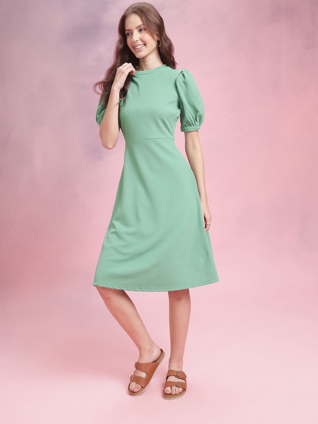 DressBerry Textured Puff Sleeve A-Line Midi Dress