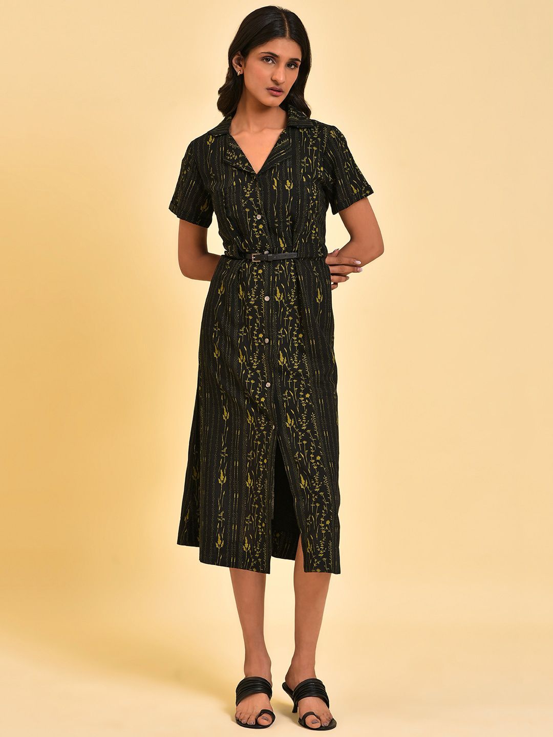 W Black Floral Printed Shirt Dress With Belt