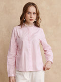 RAREISM Women Comfort Mandarin Collar Vertical Striped Cotton Casual Shirt