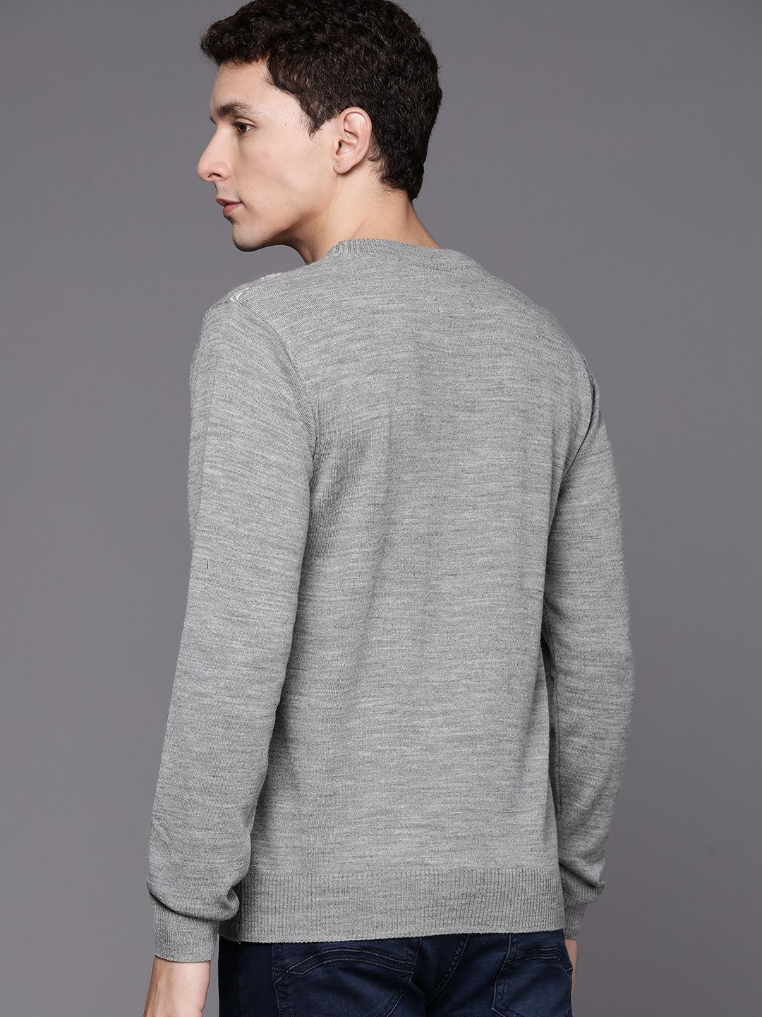Raymond Men Grey Melange & White Self-Design Pullover