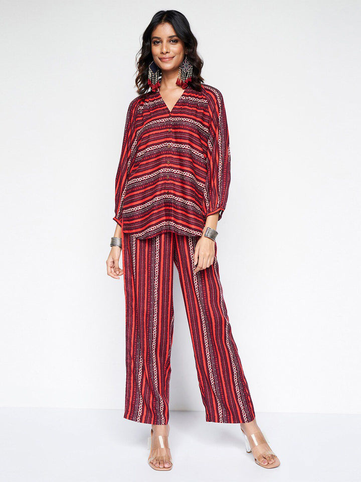 Global Desi Striped Mandarin Collar Tunic With Trouser