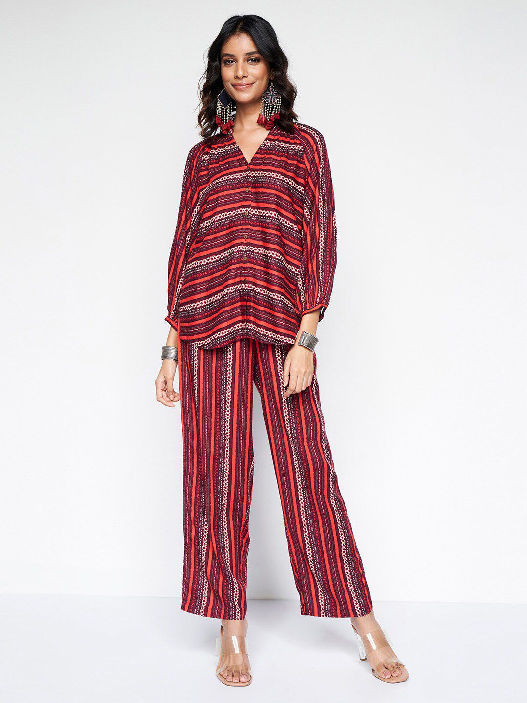 Global Desi Striped Mandarin Collar Tunic With Trouser