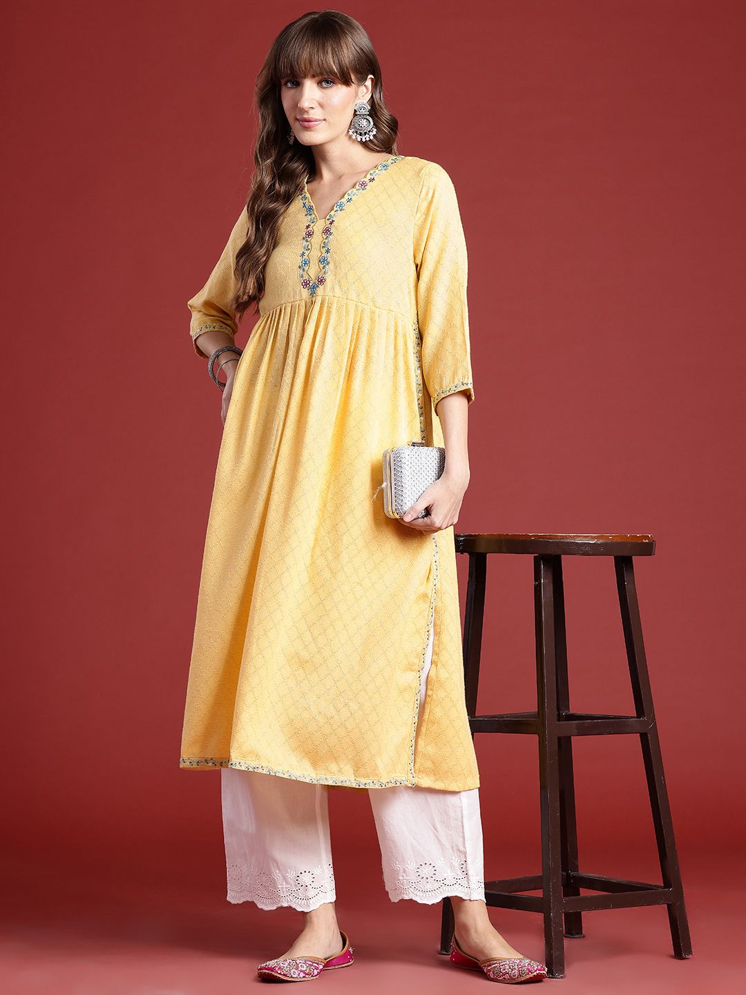 Anouk Geometric Woven Design Thread Work Detail Empire-Style A-Line Kurta