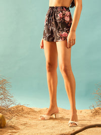 Berrylush Women Black & Pink Floral Printed High-Rise Shorts