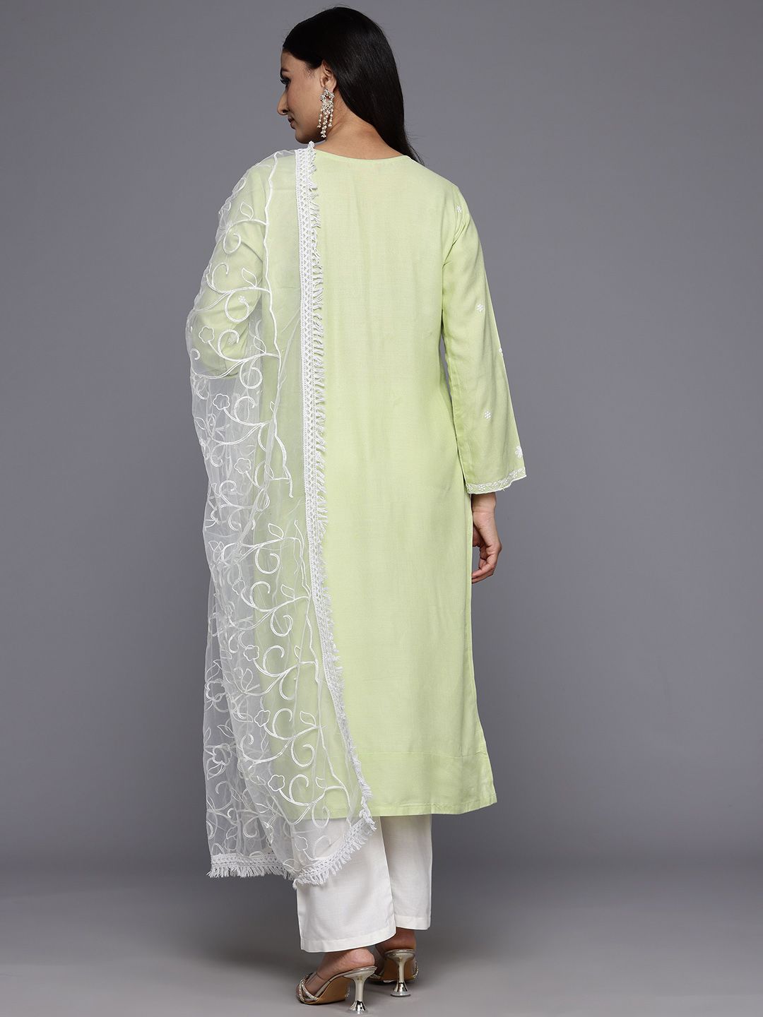 Varanga Floral Embroidered Chikankari Kurta With Trousers & Dupatta