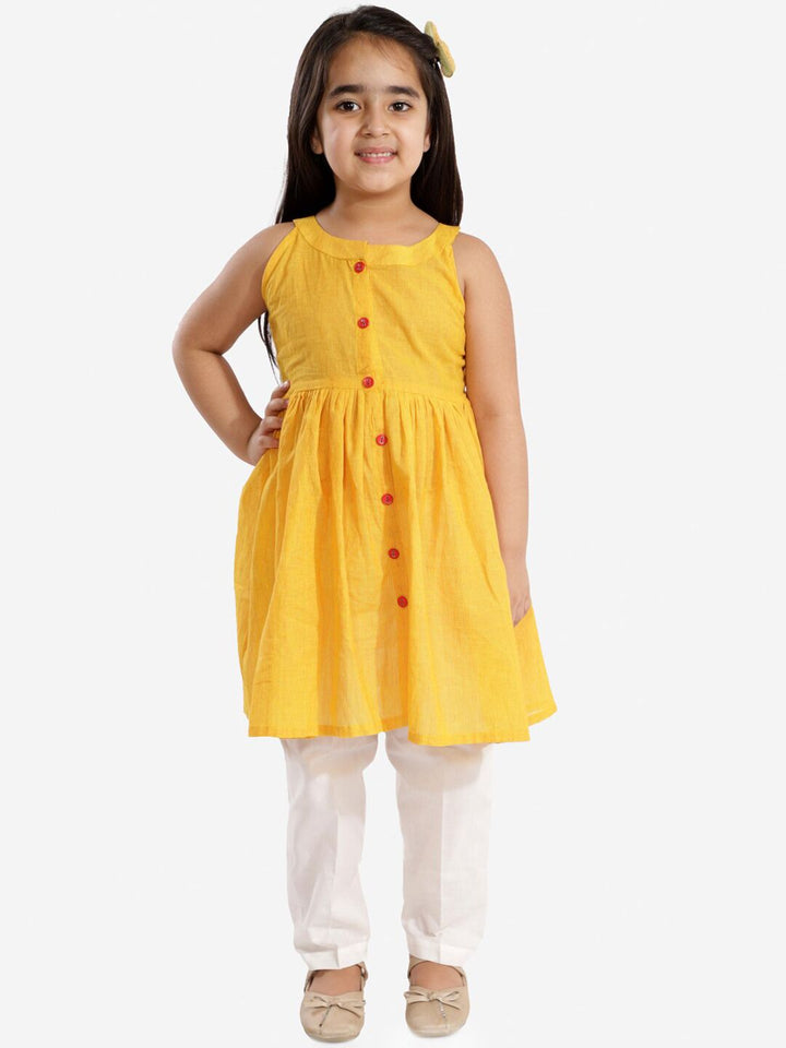 VASTRAMAY Girls Mustard Yellow Empire Pure Cotton Kurti with Trousers