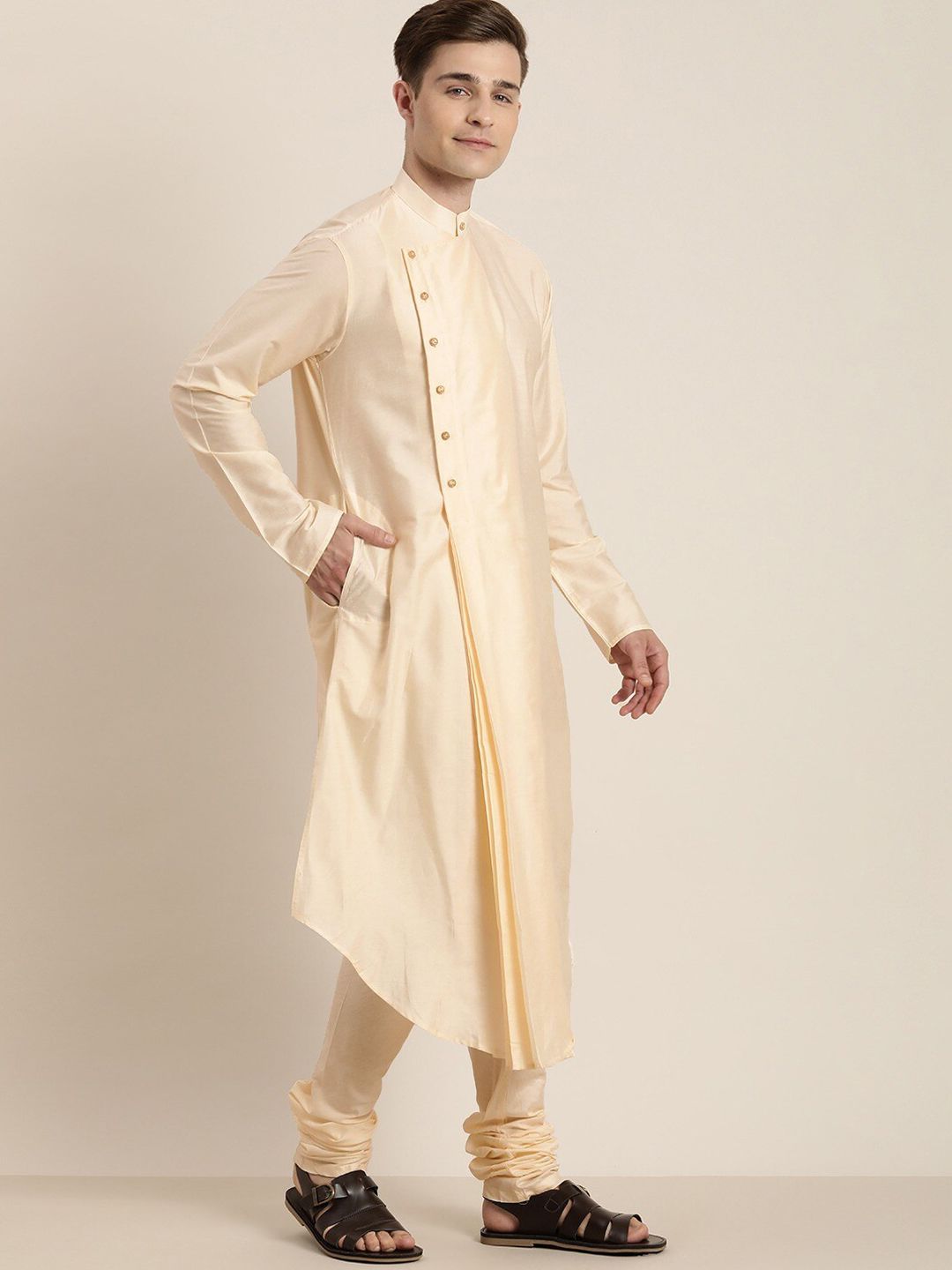 VASTRAMAY Men Cream-Coloured Angrakha Kurta