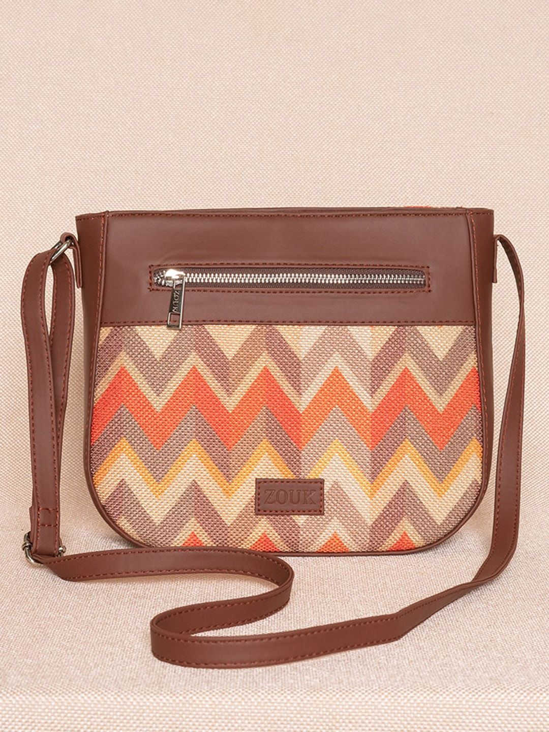 ZOUK Orange Geometric Striped Structured Sling Bag