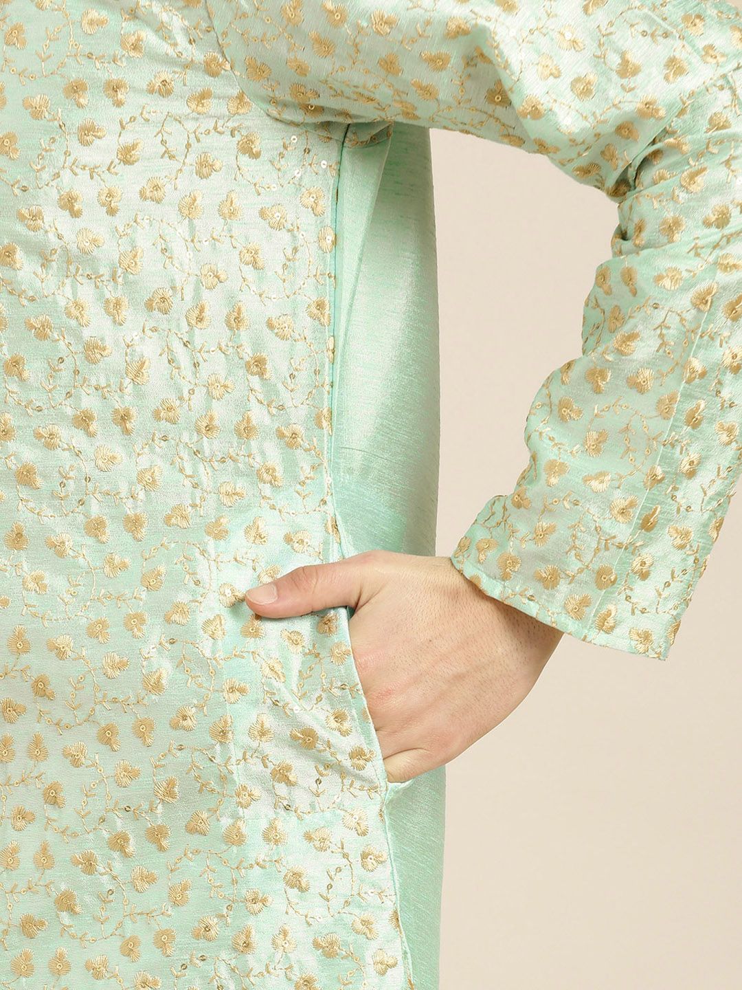 SOJANYA Kurta Bunga Hijau Laut & Berwarna Emas Lelaki