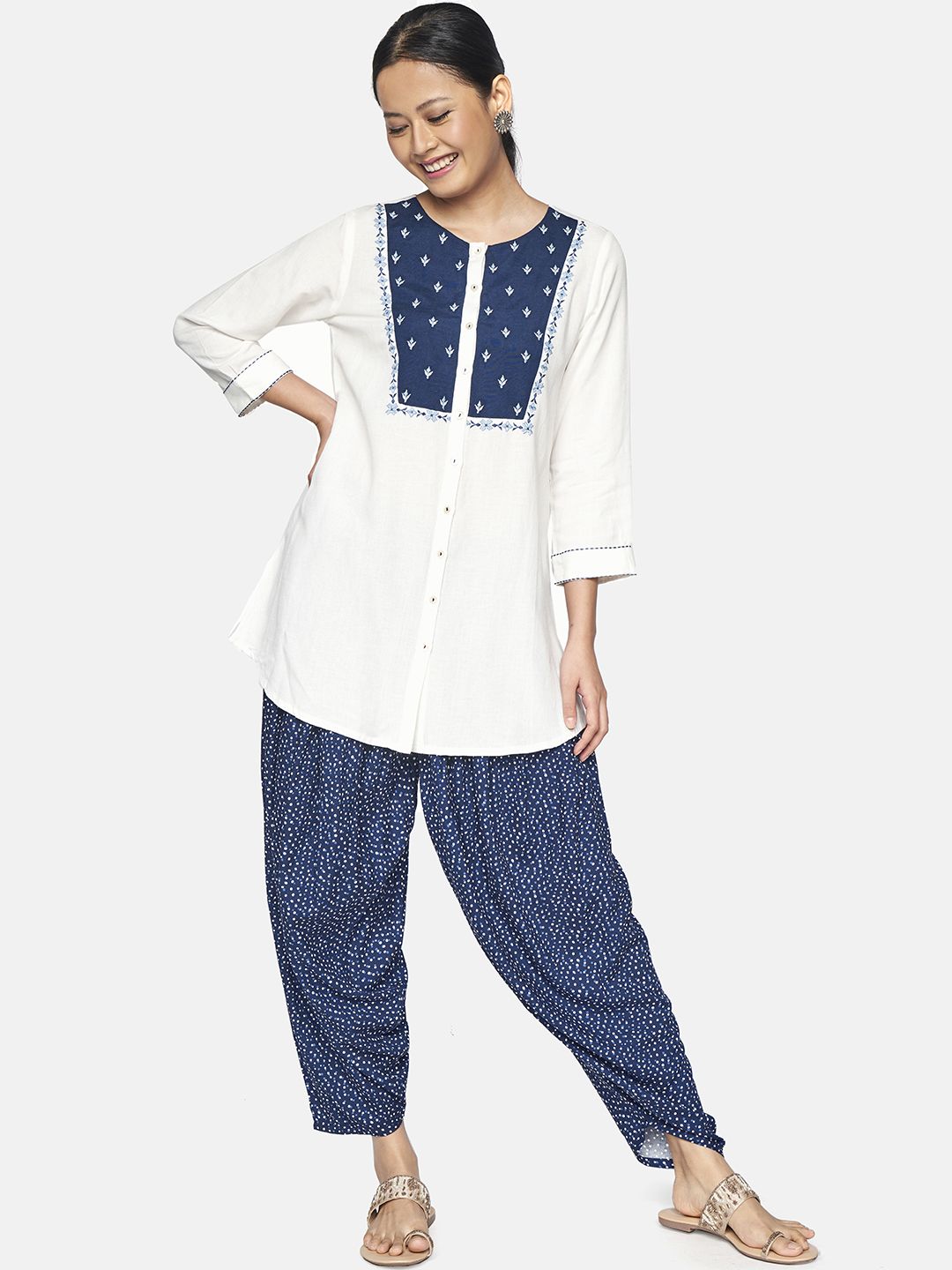 Global Desi White Embroidered Regular Longline Top