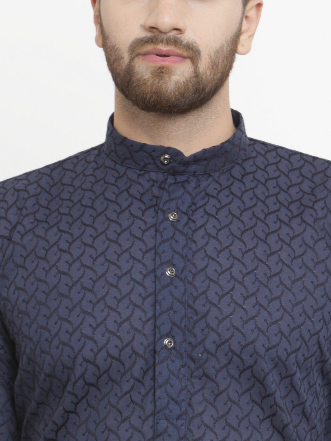 Jompers Men Navy Blue Embroidered  Kurta with Churidar