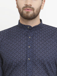 Jompers Men Navy Blue Embroidered  Kurta with Churidar
