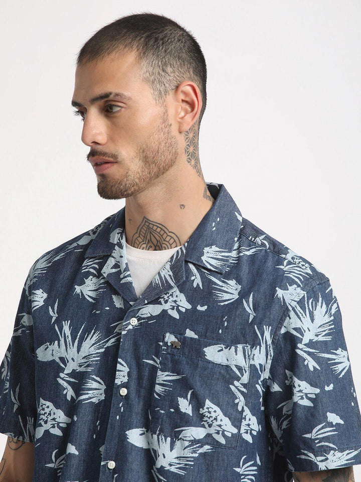 THE BEAR HOUSE Floral Printed Cuban Collar Pure Cotton Casual Shirt