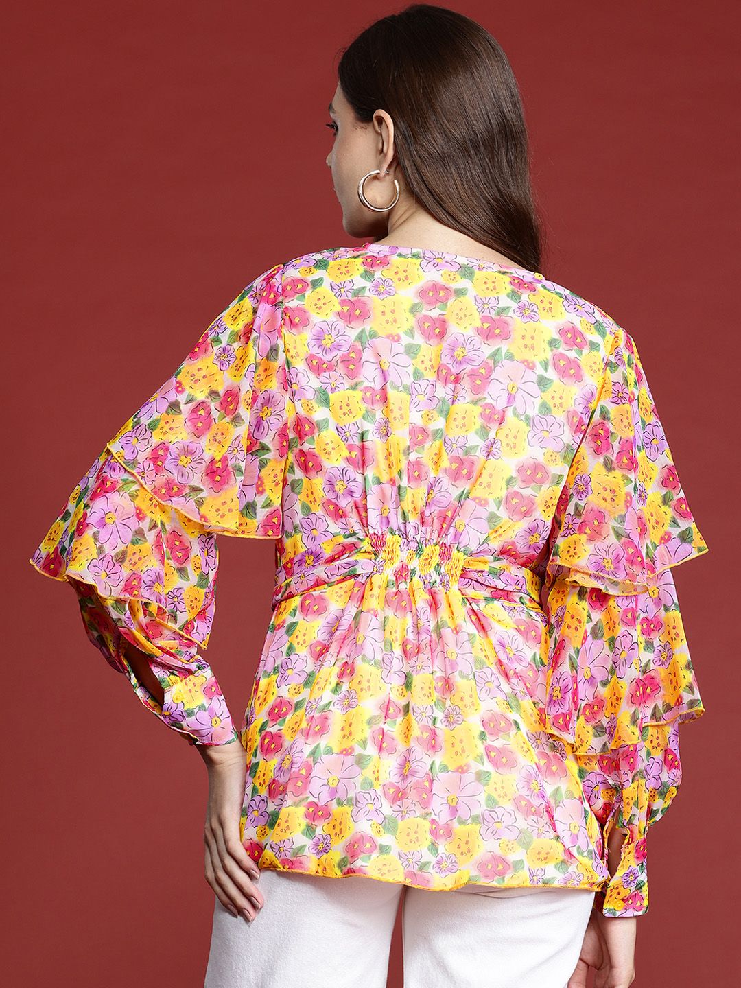 all about you Floral Print Puff Sleeves Georgette Peplum Top