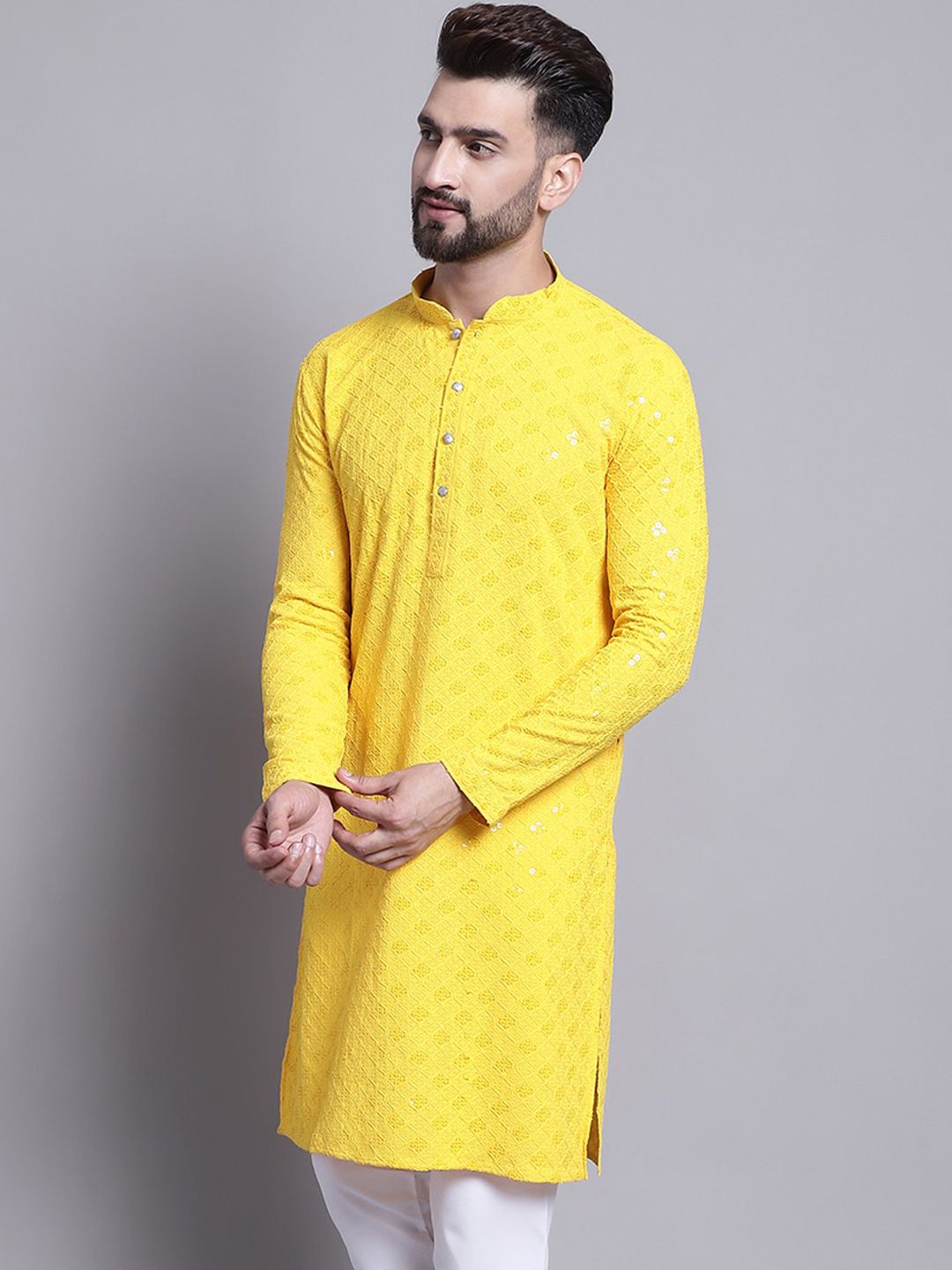 SOJANYA Geometric Embroidered Sequence Mandarin Collar Pure Cotton Kurta