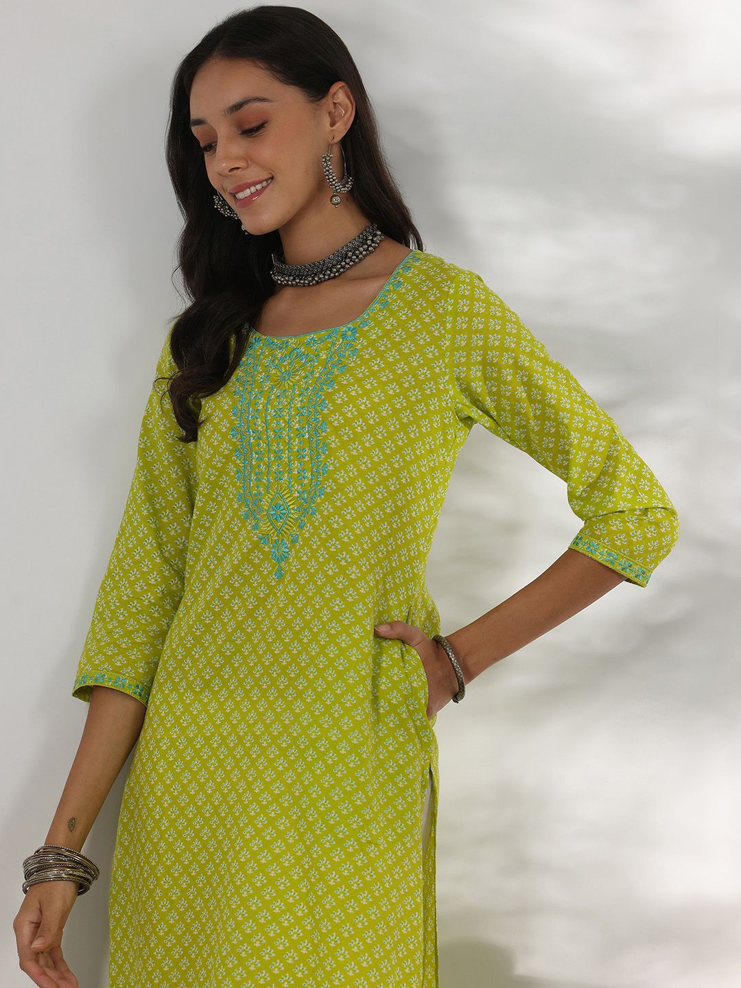 Libas Floral Printed Round Neck Thread WorkCotton Straight Kurta