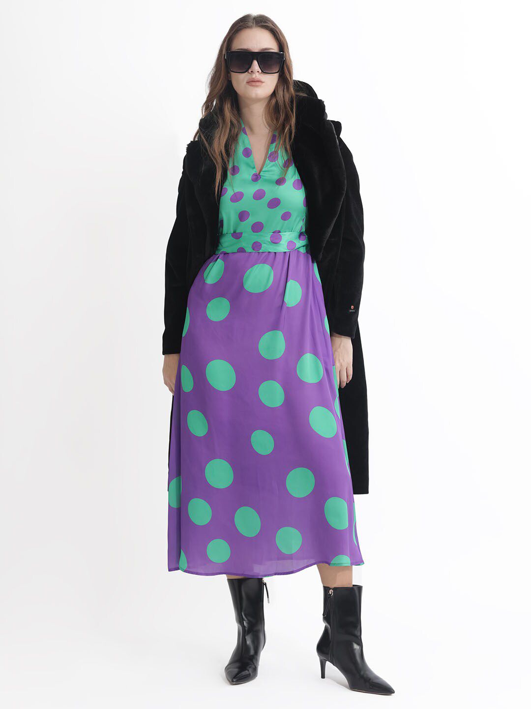 RAREISM Polka Dots Printed Belted A-line Dress