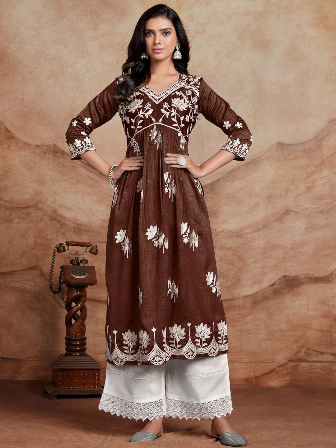 KALINI Floral Embroidered V Neck A Line Chikankari Kurta