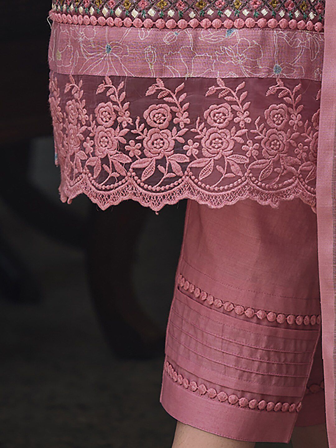 Indo Era Pink & Blue Floral Printed Thread Work Linen Kurta Set