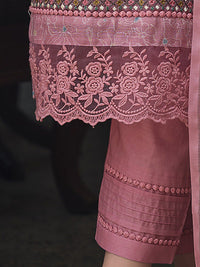 Indo Era Pink & Blue Floral Printed Thread Work Linen Kurta Set