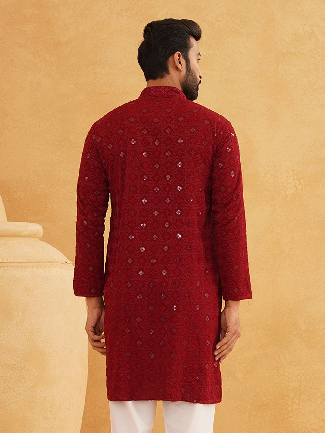 SOJANYA Kolar Mandarin Sulam Lengan Panjang Kurta Lurus