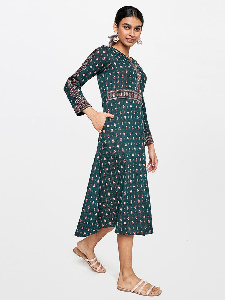 Global Desi Ethnic Motifs Printed A-Line Midi Dress