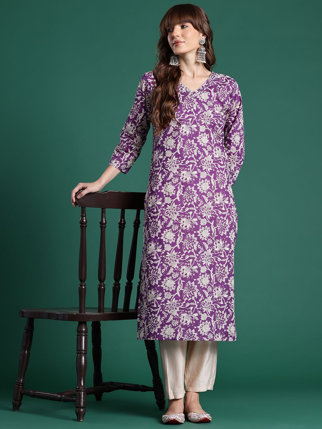 Indo Era Floral Printed Pure Cotton Kurta