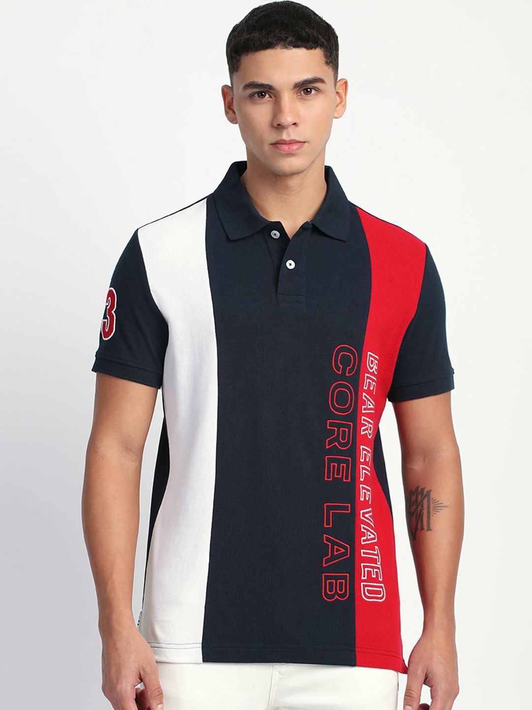 THE BEAR HOUSE Men Colourblocked Printed Polo Collar Cotton Slim Fit T-Shirt