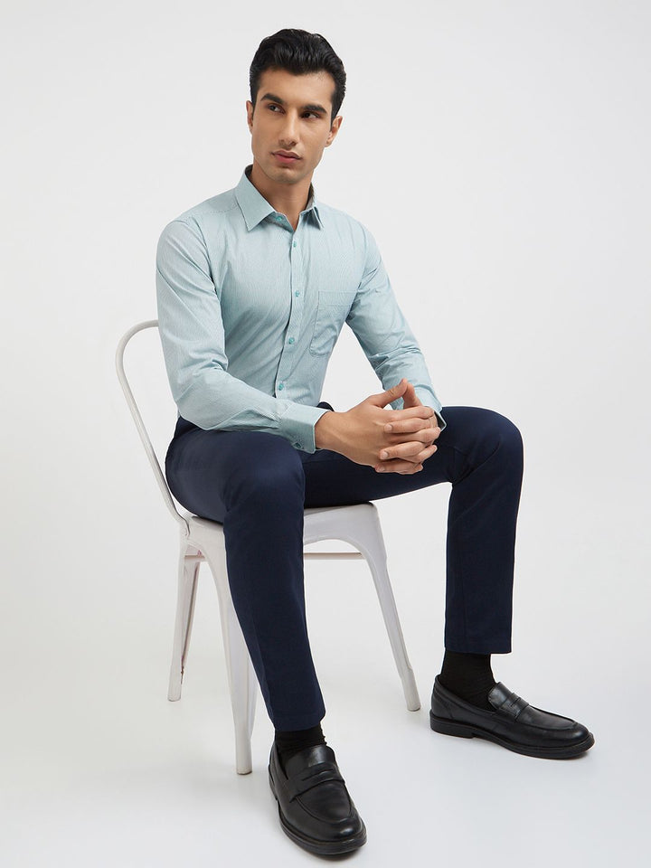 Raymond Men Green And White Slim Fit Micro Checked Pure Cotton Formal Shirt