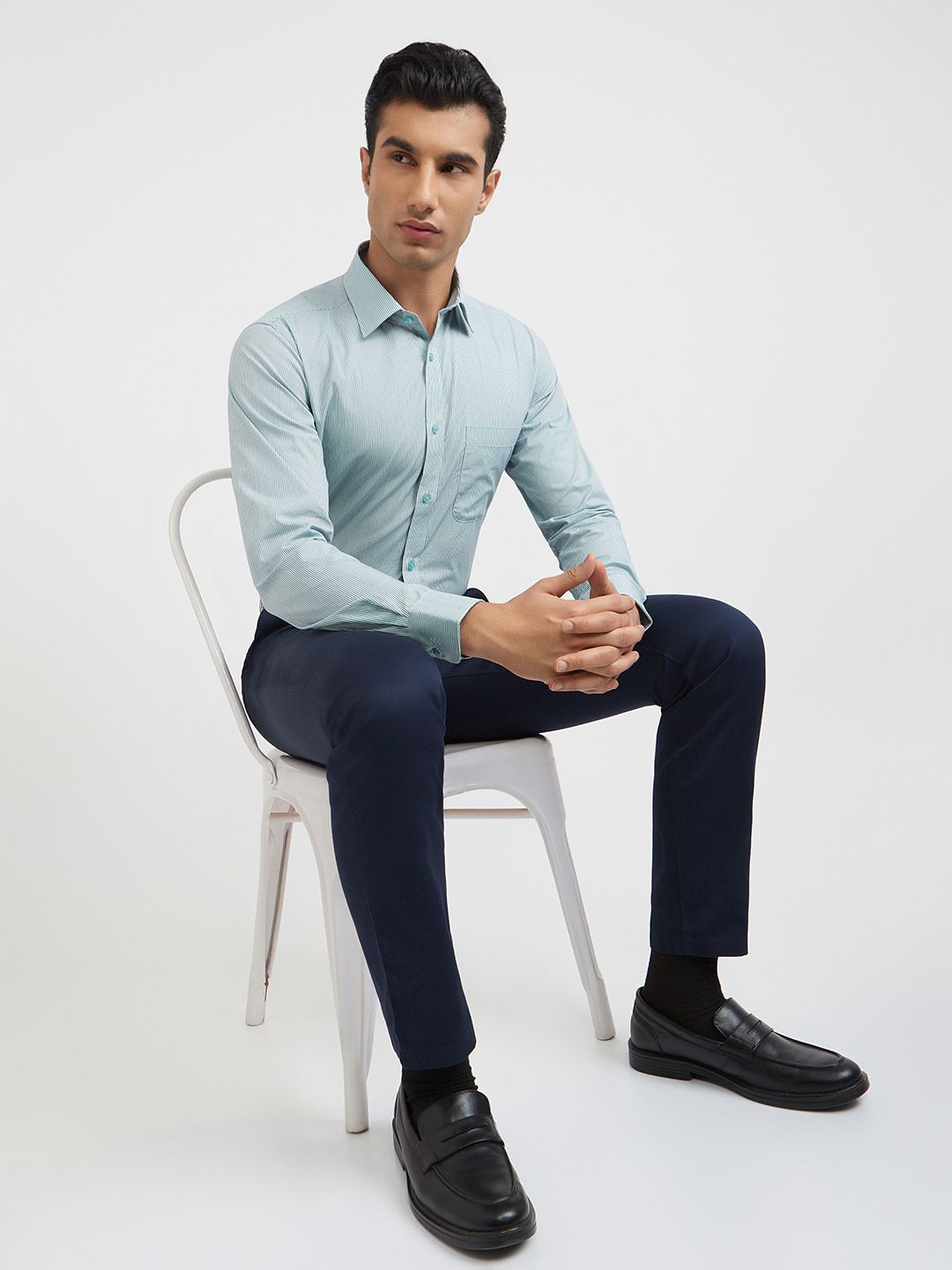 Raymond Men Green And White Slim Fit Micro Checked Pure Cotton Formal Shirt