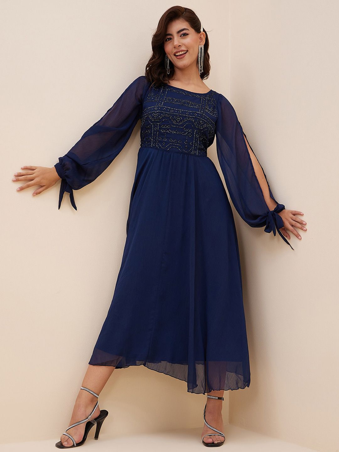Antheaa Embellished Slit Sleeve Chiffon Fit & Flare Midi Dress