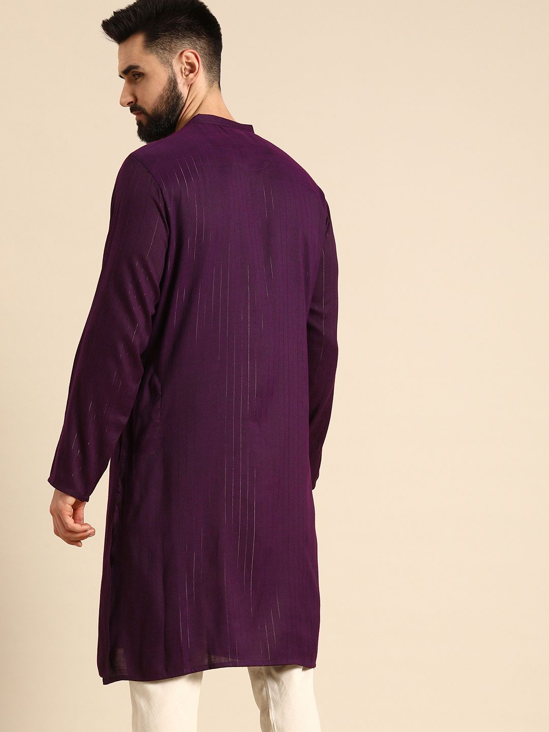 Anouk Men Purple Self-Striped Kurta