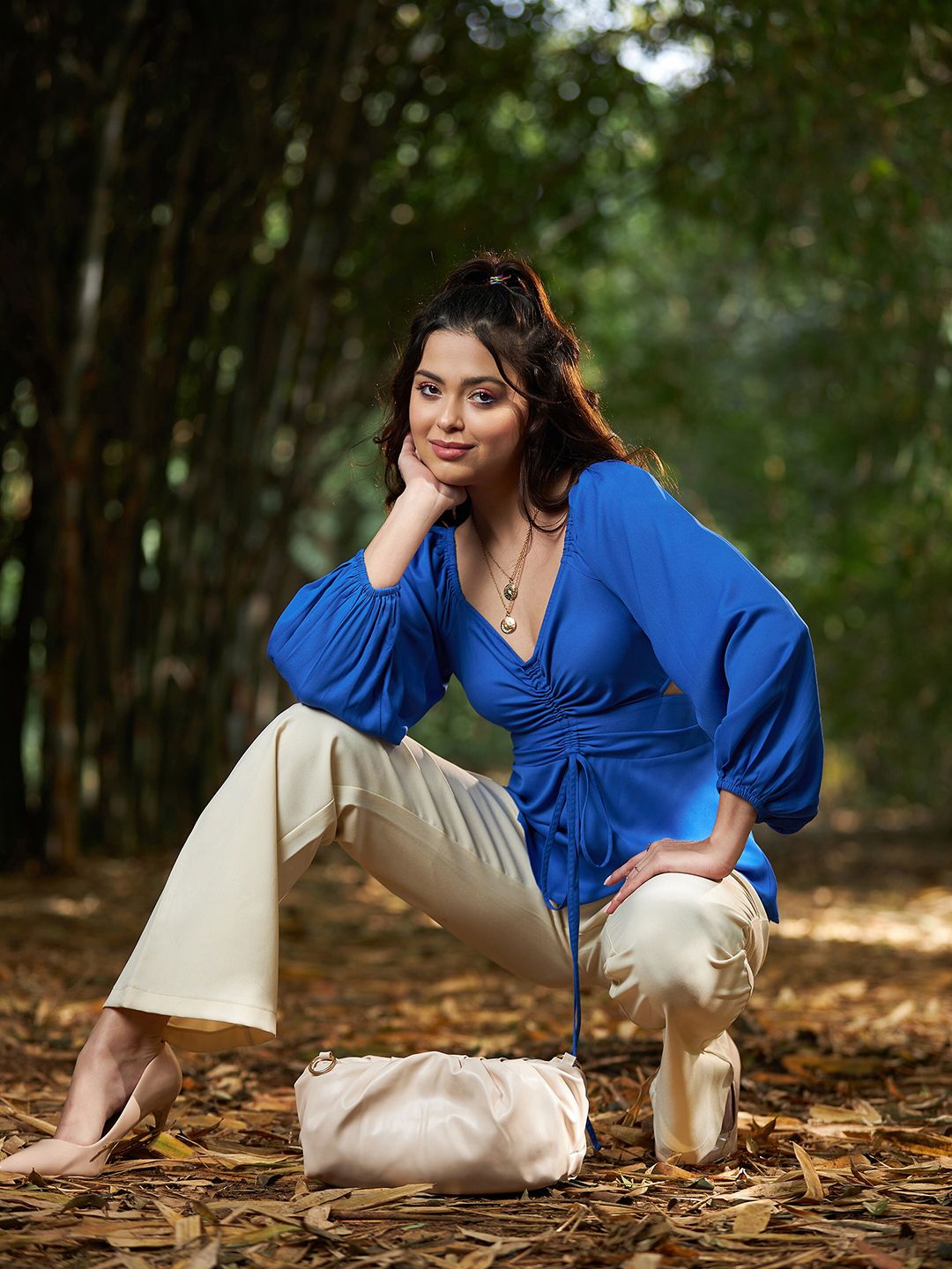 SASSAFRAS Cuffed Sleeves Tie-up Ruched Styled Back Top