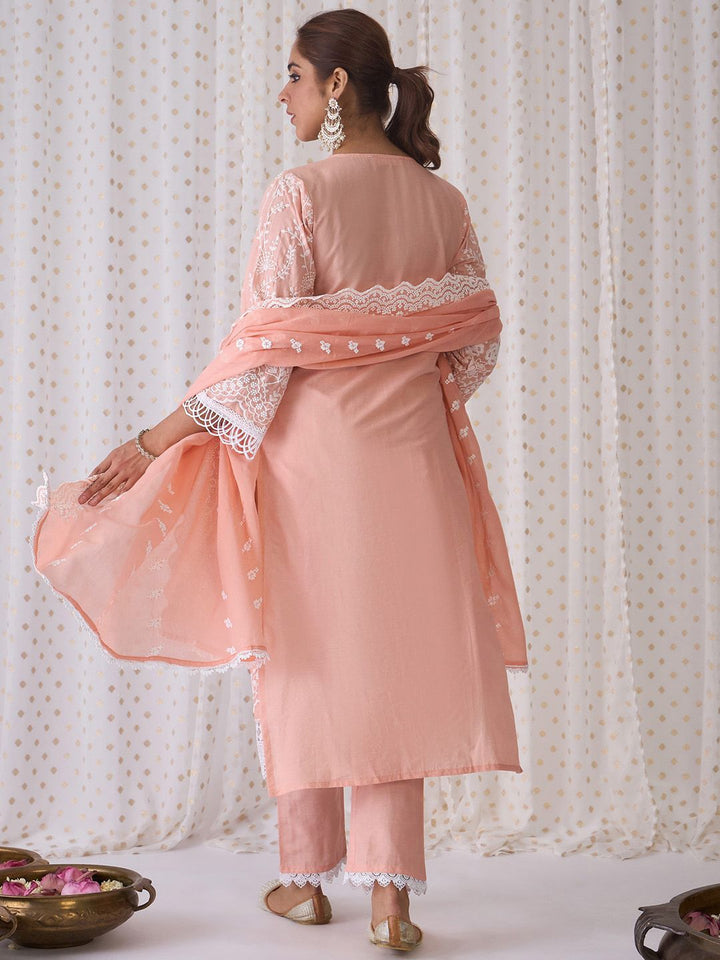 Indo Era Floral Embroidered Notched Neck Cotton Straight Kurta with Trousers & Dupatta