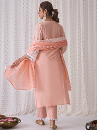 Indo Era Floral Embroidered Notched Neck Cotton Straight Kurta with Trousers & Dupatta